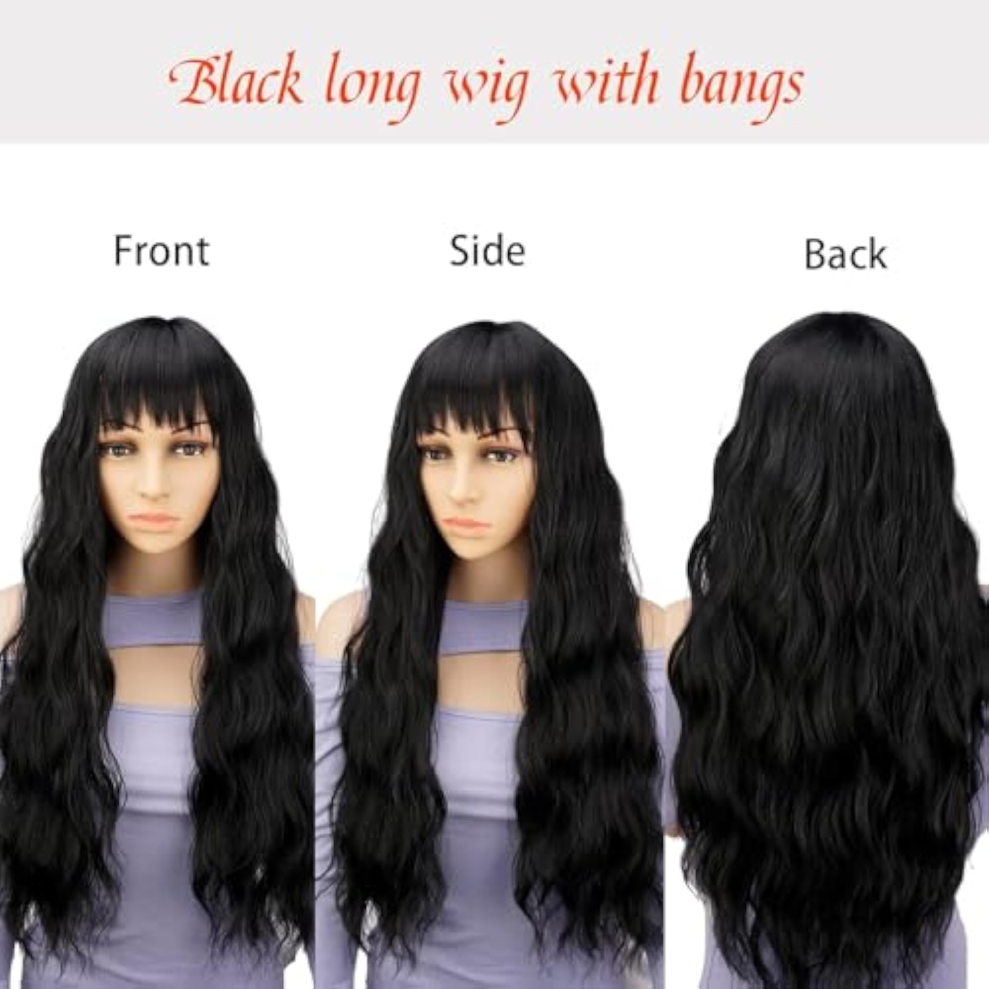 Women's Long Black Wavy Wig with Bangs, Stylish Look